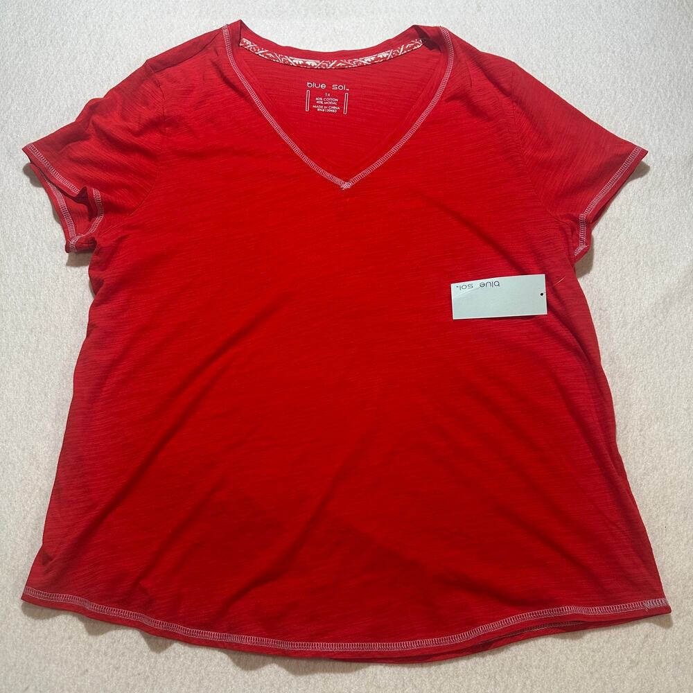 Blue Sol Women’s 1X Red V-Neck T-Shirt Cotton Modal Plus Size NWT